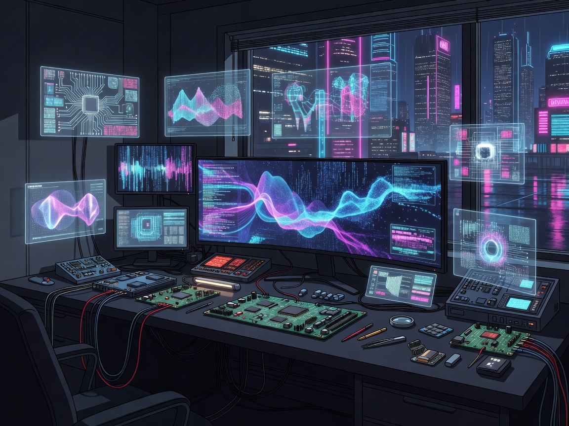 Colorful workspace with cartoonish computer screens