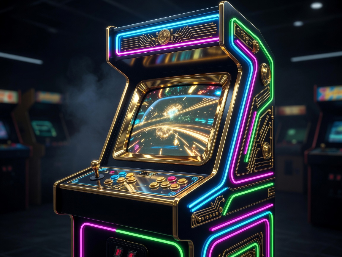 Vibrant neon arcade gaming console glowing with golden elements
